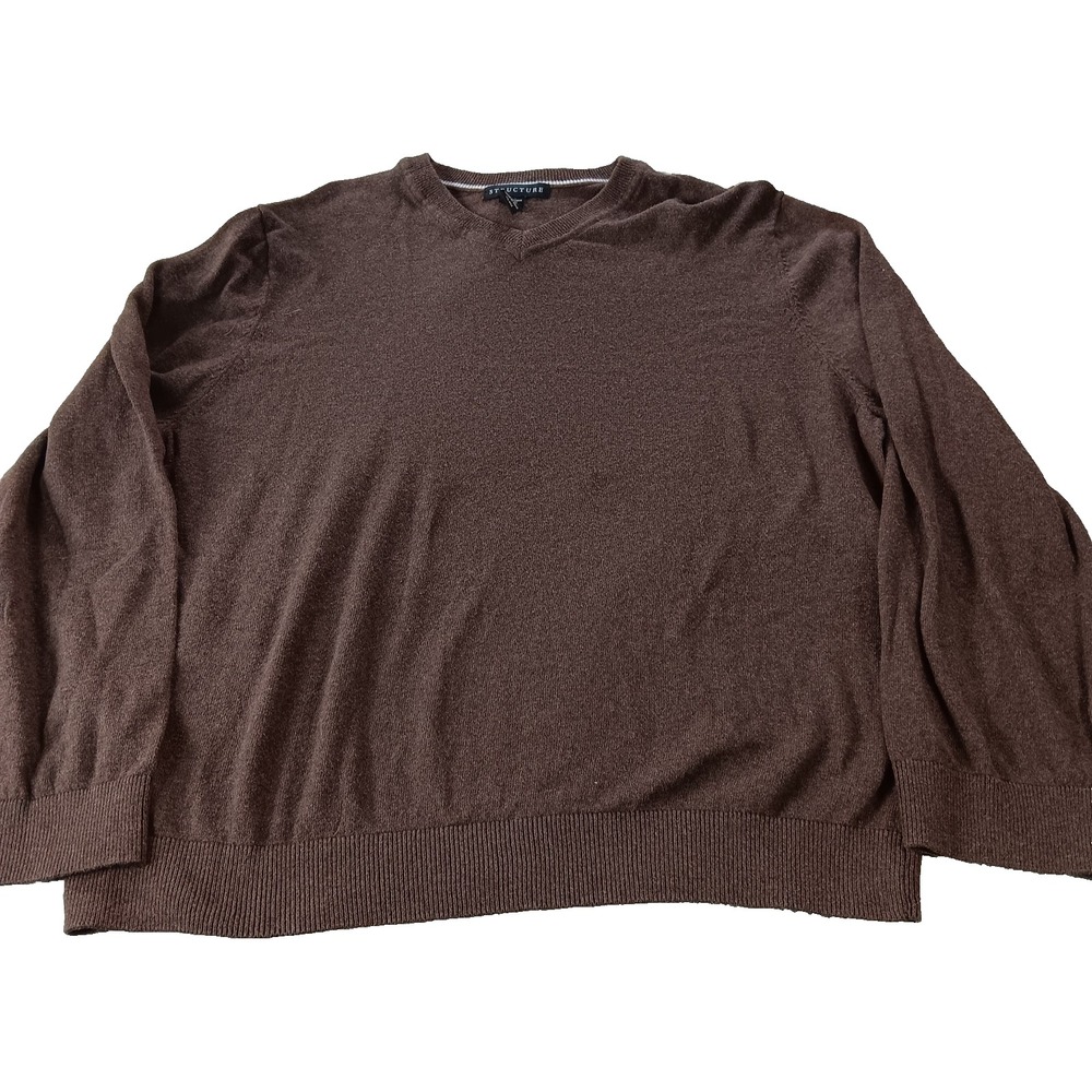 Structure VTG 90s V-Neck Brown Wool Blend Long Sleeve Sweater Men's XXL Grandpa